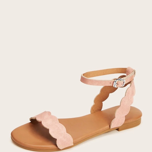 Scalloped Trim Buckle Strap Flat Sandals - Picture 2 of 5